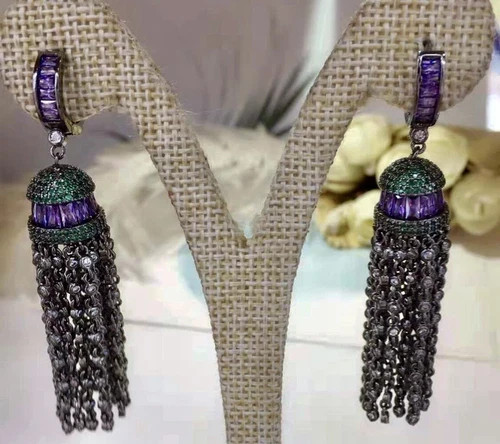 18k Black Rhodium Filled Purple Amethyst Gemstone Long Tassel Earrings Gorgeous