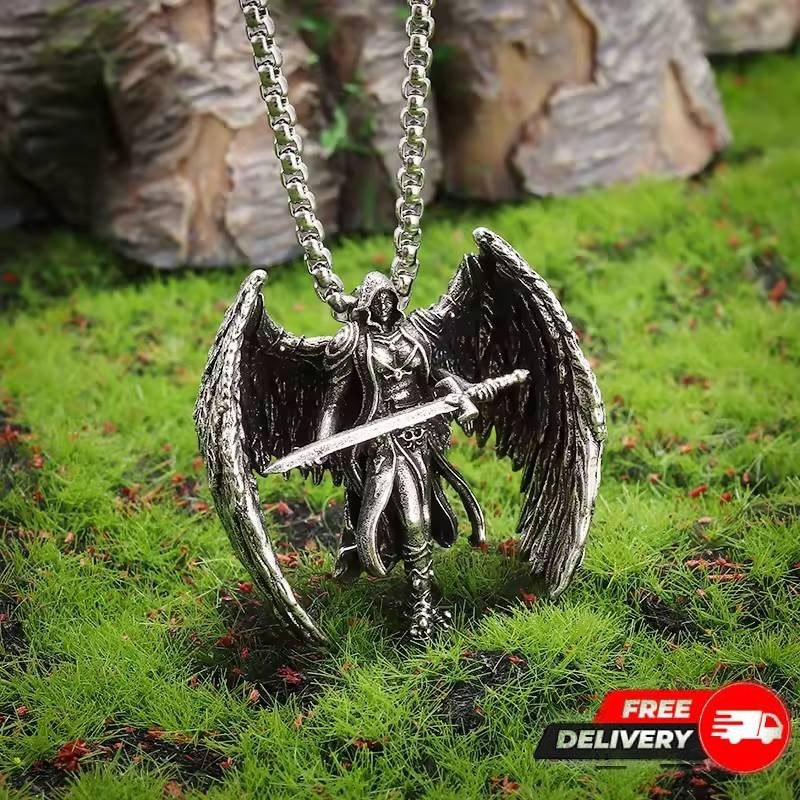 Retro Archangel Michael Sword Wings Pendant Necklace Men’s Fashion Jewelry