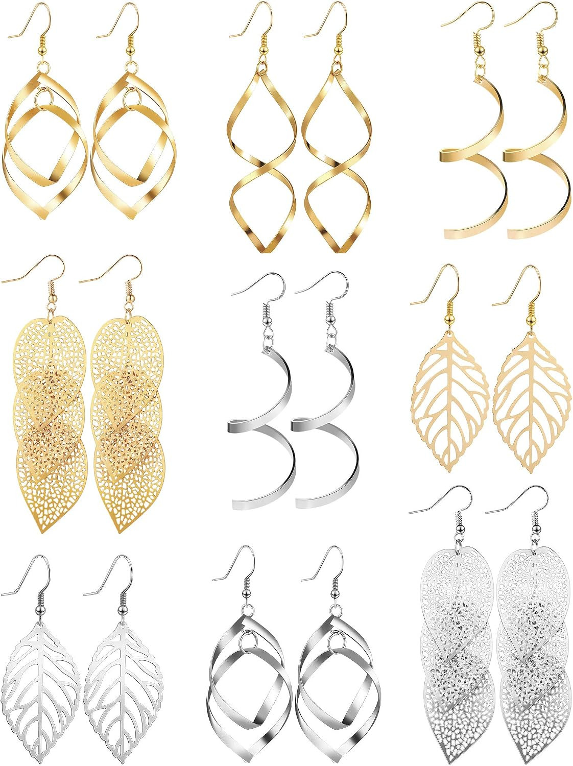9 Pairs Dangle Earrings for Women Golden Silver Fringed Tassel Exaggerated Boho