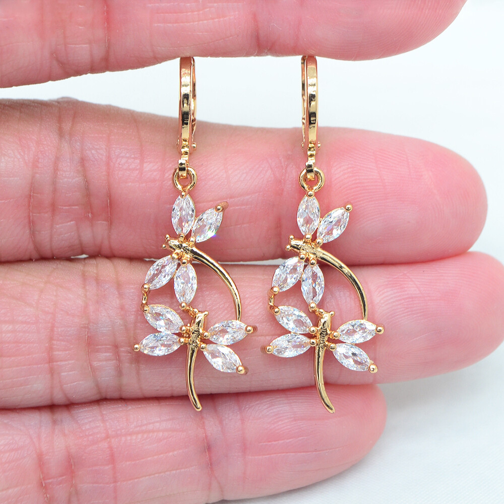 18K Yellow Gold Filled Women Clear Mystic Topaz Dragonfly Dangle Earrings