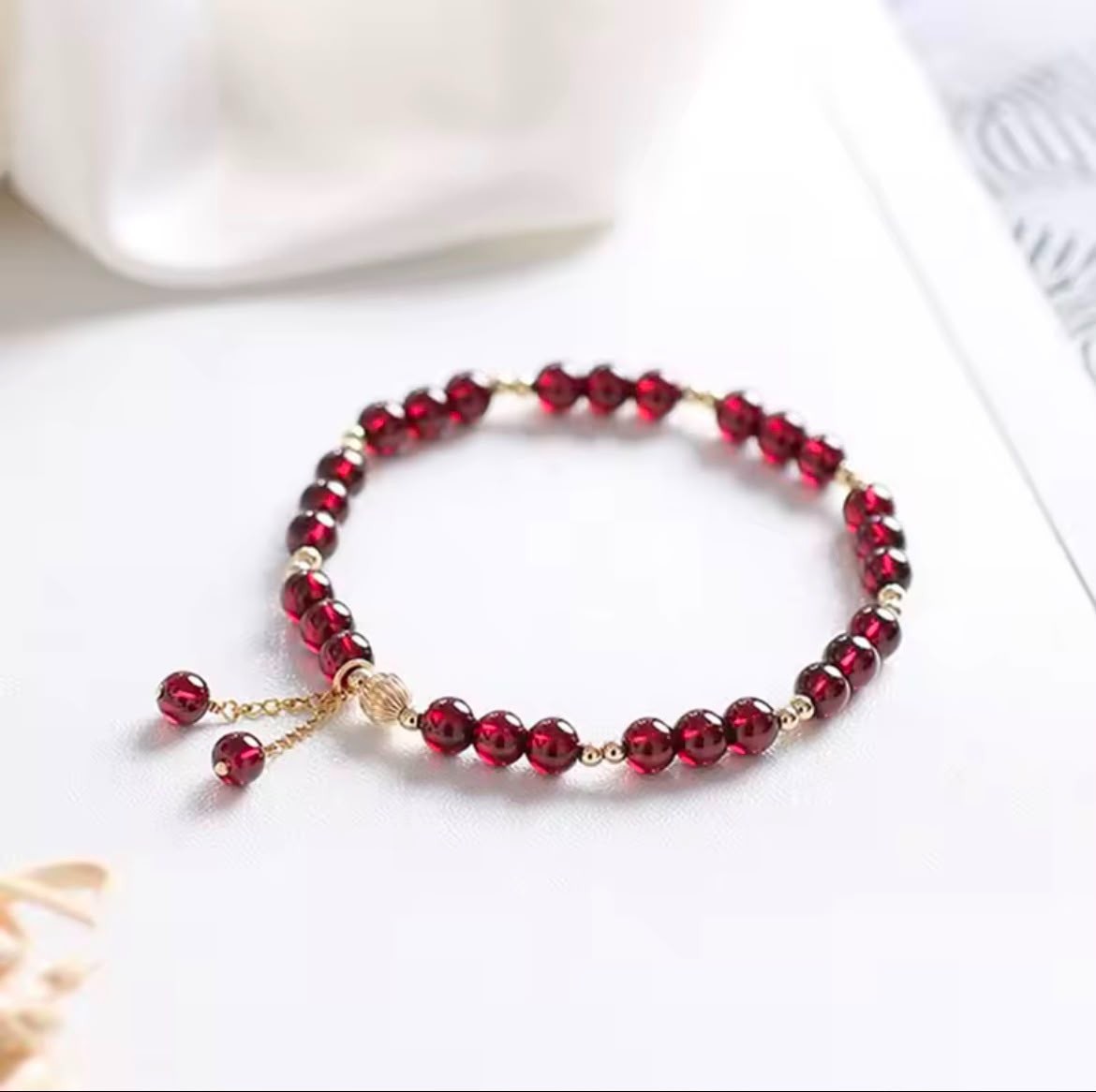 14KGold Plated Natural Garnet Beaded Bracelet Thin Crystal Women Vintage Jewelry