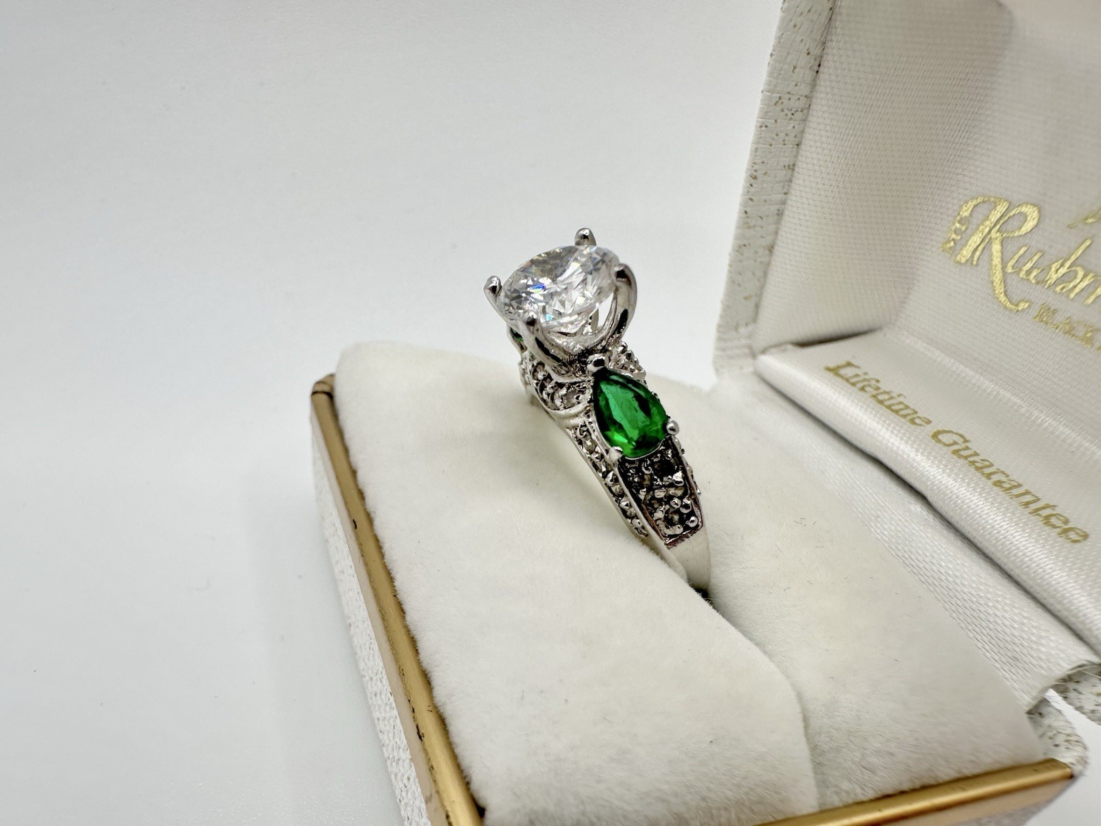 Silver Tone Cocktail Ring SZ8 Green Bling Signed China? Stone Missing Read