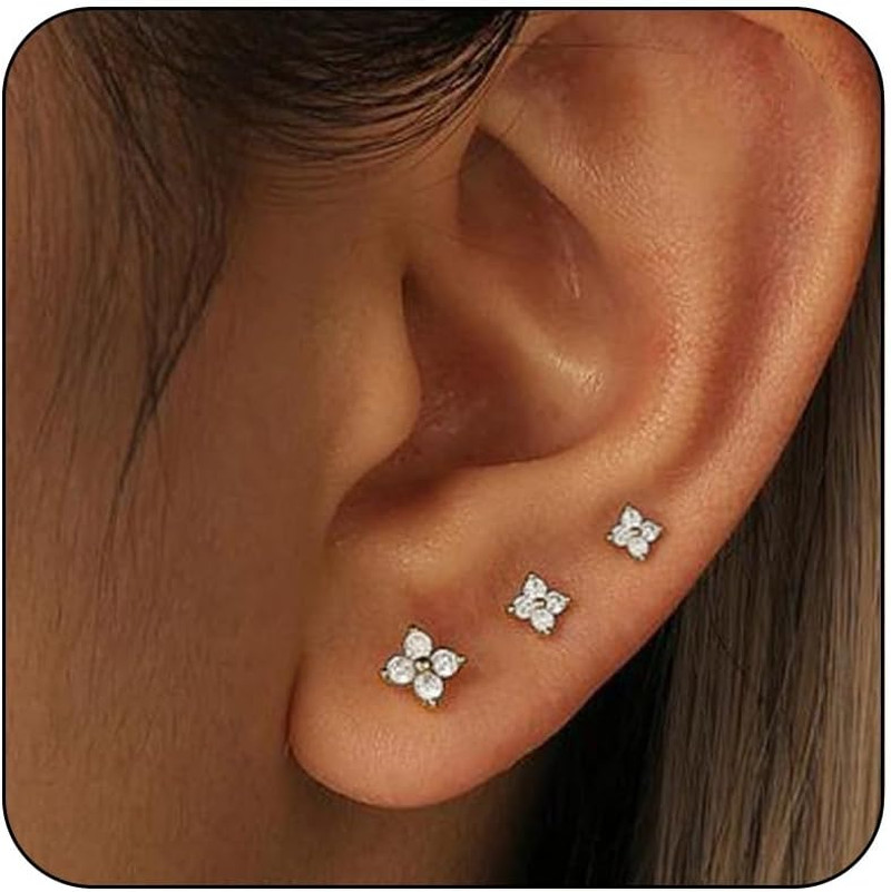 3 Pairs 14K Gold Plated Stud Earring Sets for Women Small Dainty Sterling Silver