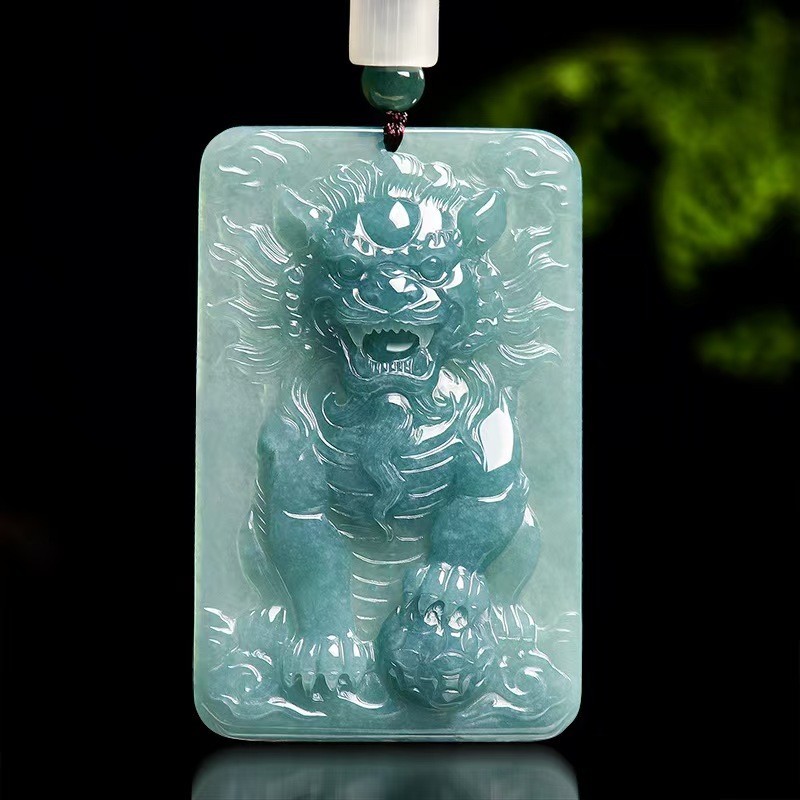 Real Grade A 100% Natural Blue Jade Jadeite Dragon Oblong Pendant Necklace