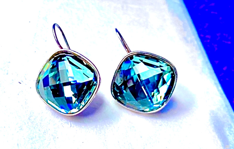BRIGHTON VENUS RISING AQUA BLUE SWAROVSKI CRYST SLVR FRWIRE EARRINGS VG+&BAG✨VTG