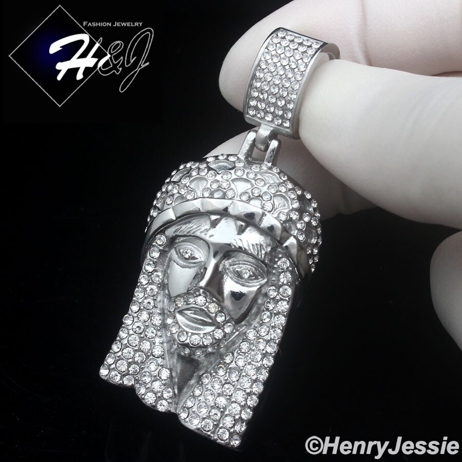 30″MEN Stainless Steel 5mm Silver Box Link Necklace ICY CZ Jesus Pendant*IP150