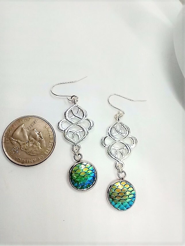 Blue/Green Mermaid Scale Silver Earrings, Beach Earrings