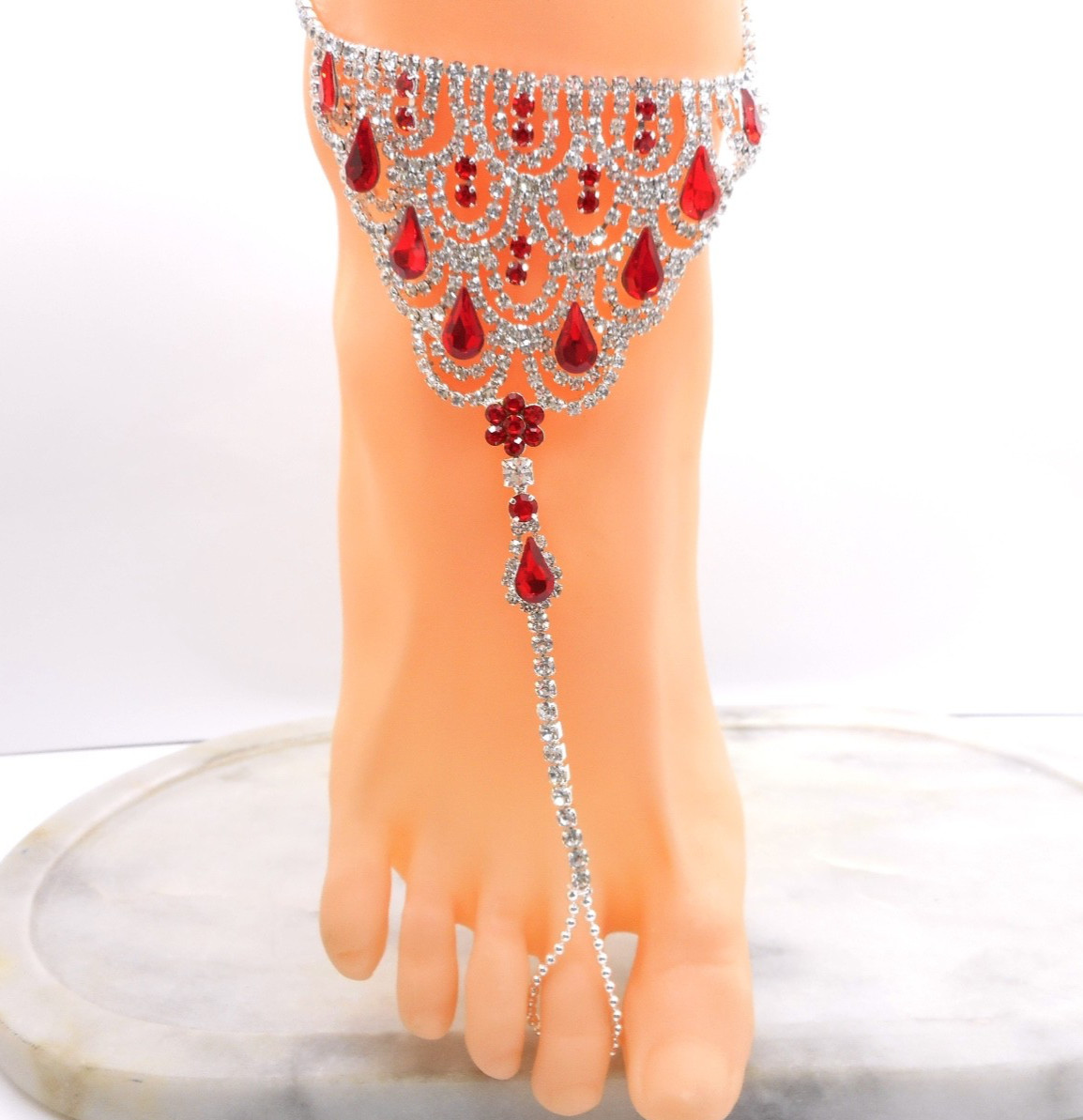 Slave Anklet Attached Toe Ring One Ankle Bracelet Silver Plated Deep Red Crystal
