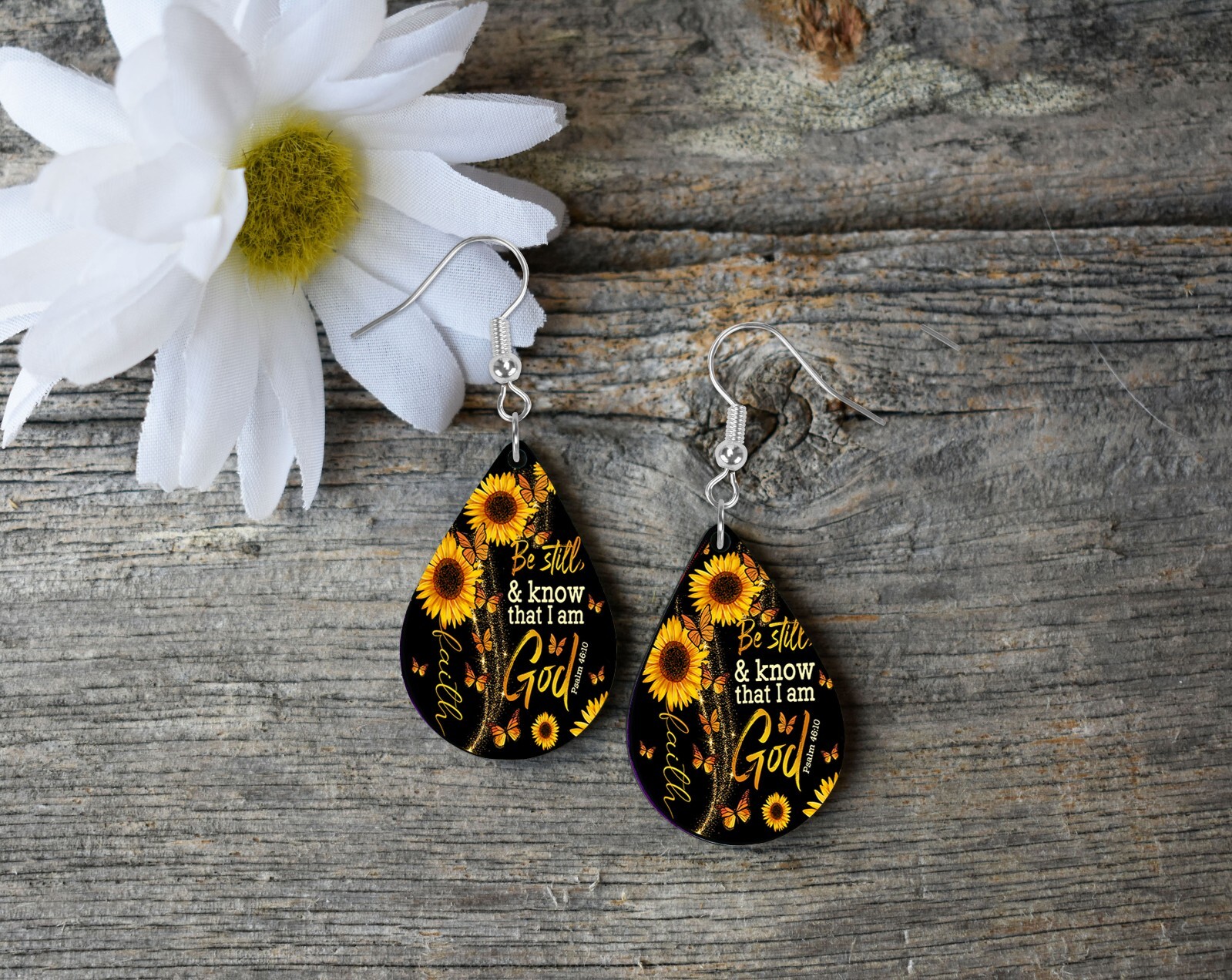 Be Still and Know that I am God Sunflowers Wood Tear Drop Earrings