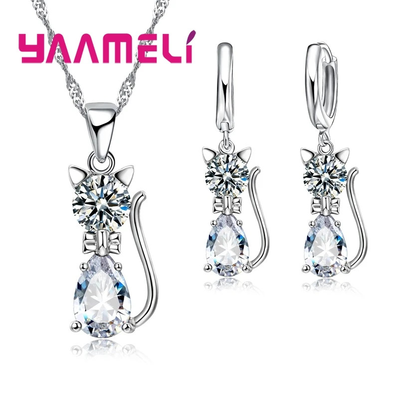 Silver Color Cat Pendant Necklace and Huggie Earrings Jewelry Set for Women Girl