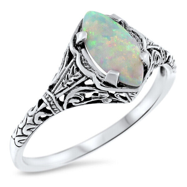 ANTIQUE STYLE 925 STERLING SILVER FILIGREE LAB-CREATED WHITE OPAL RING 630X