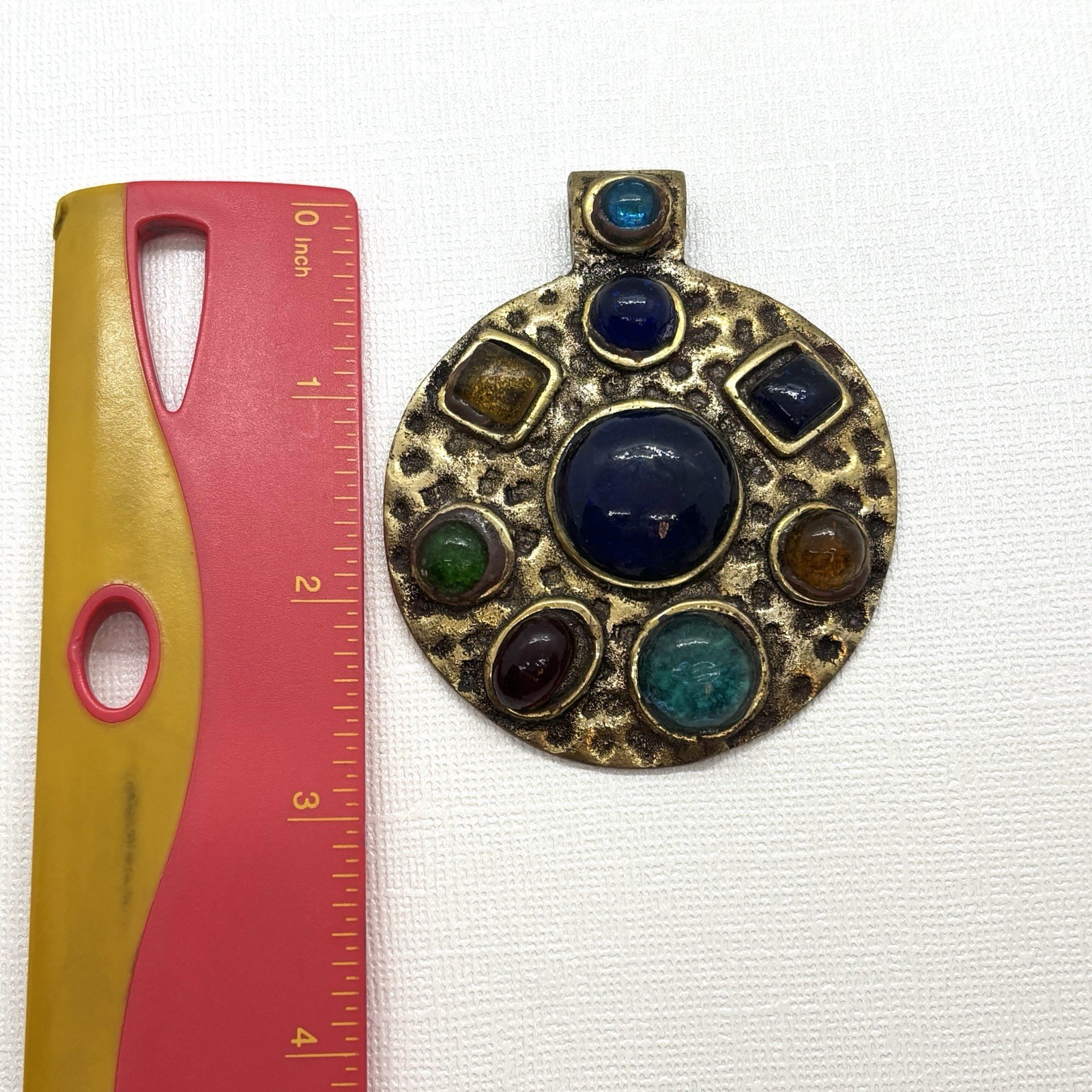 Multi Stone Cabochon Round Pendant Hammered Brass Metal Artisan Boho