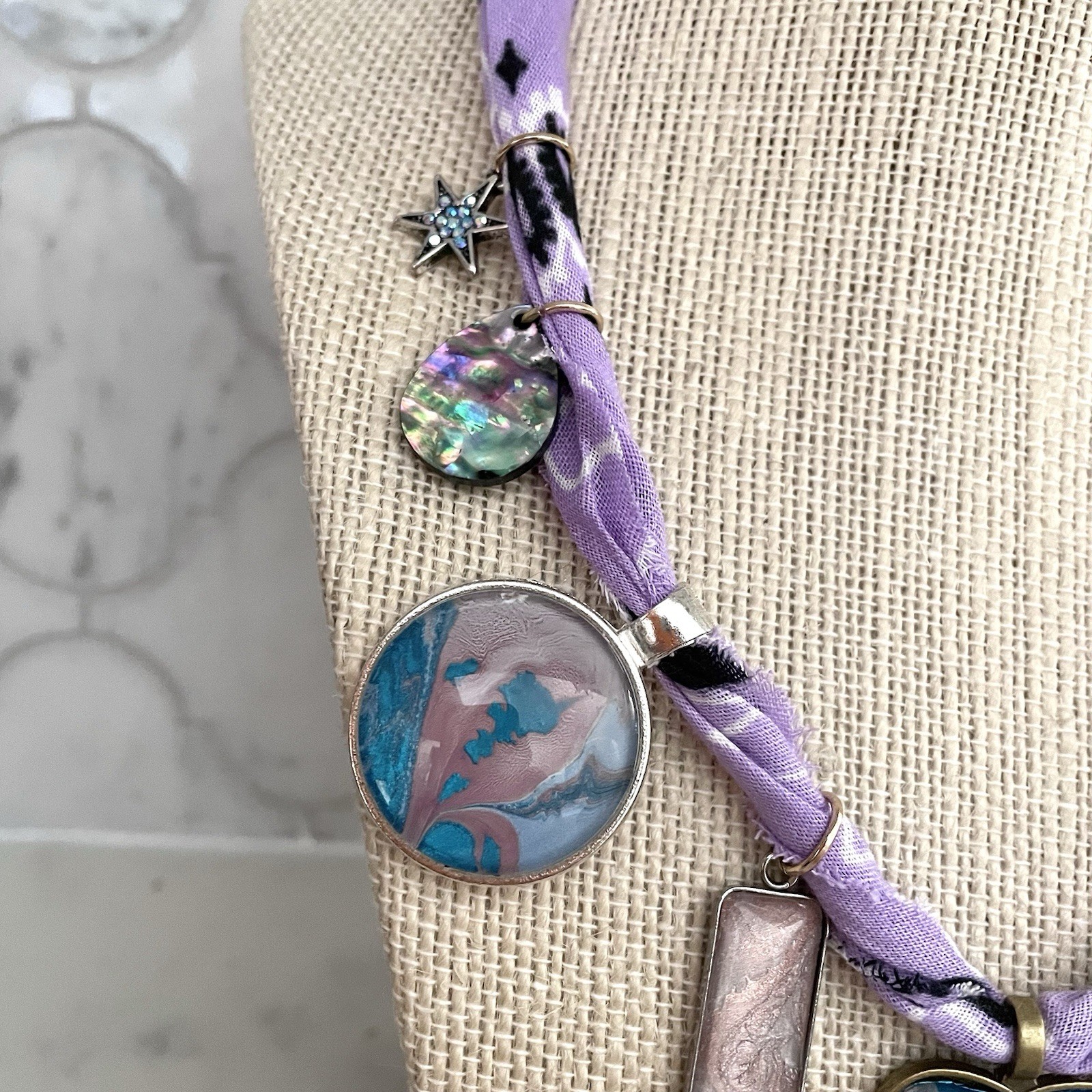 Fluid Art Paint Pour Handmade Charm Bandana Necklace Purple, Blue, Pale Pink