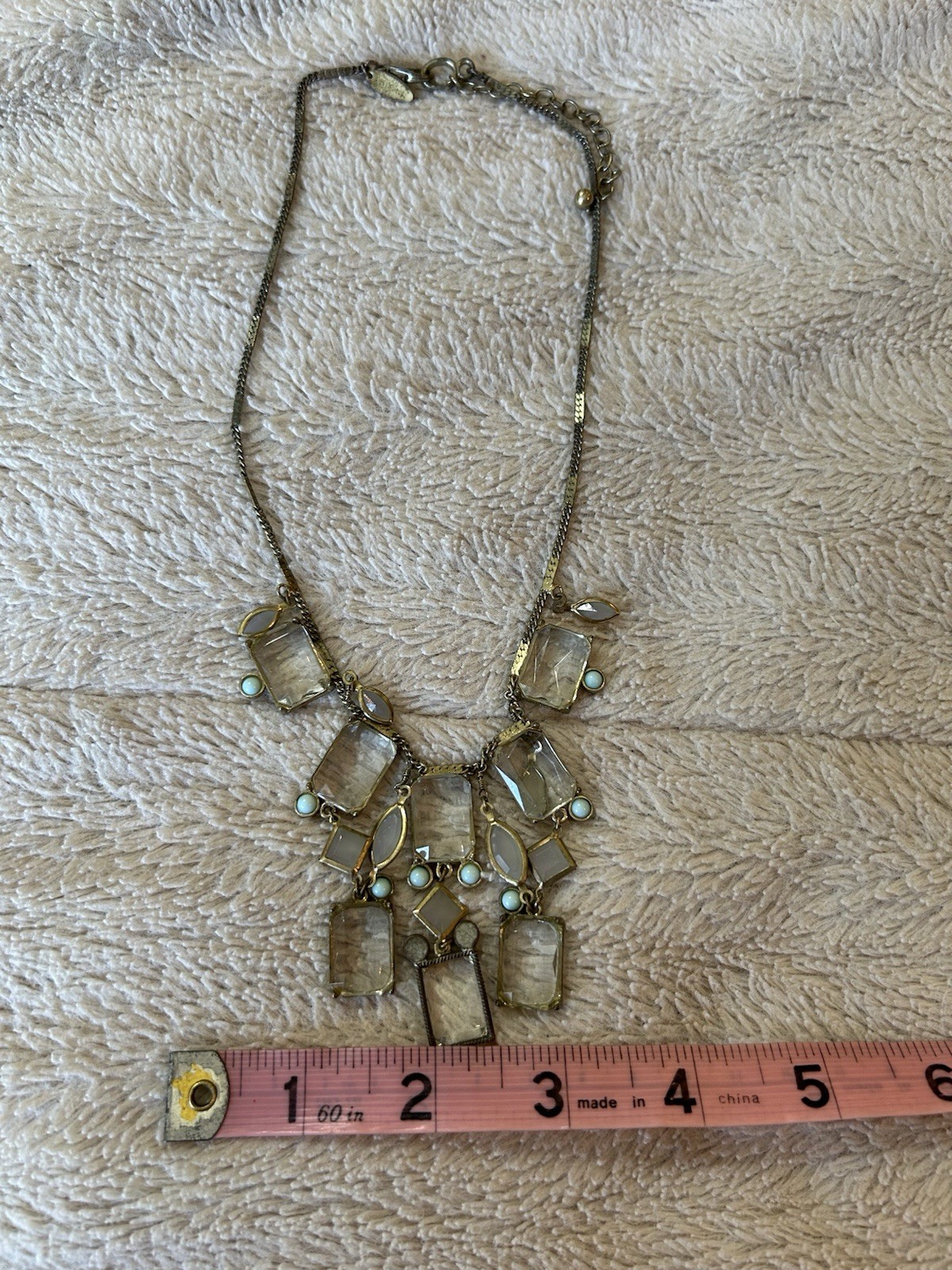 Gold Tone Statement Necklace Clear Rectangle Crystal Charms Adjustable 19-24in