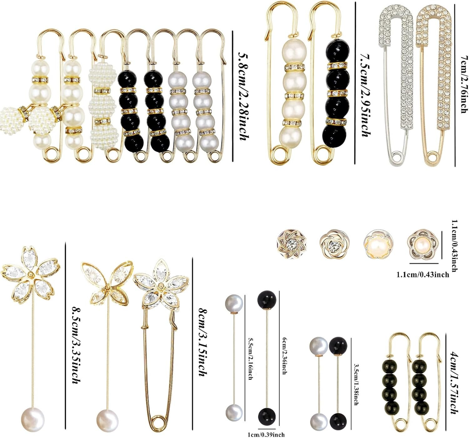 24 Pieces Pearl Crystal Brooch Safety Pins Button Pins Pant Waist Tightener Pins