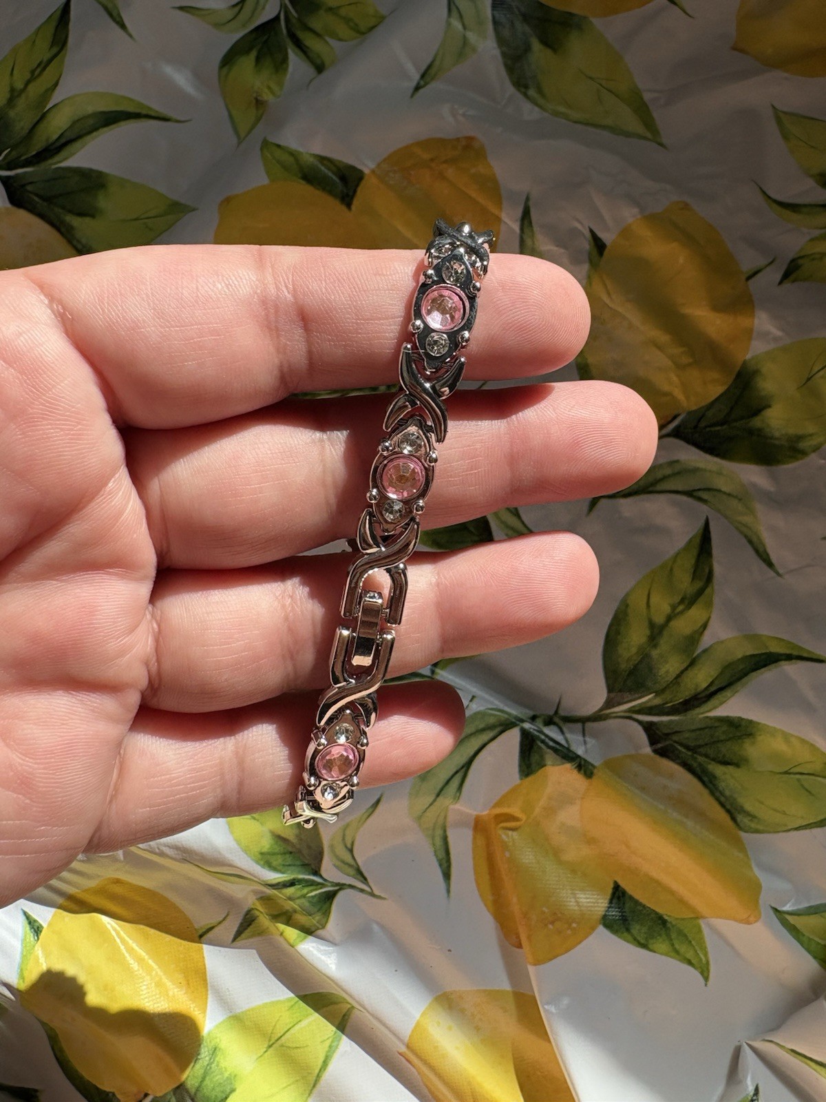 Silver Tone Link Chain Bracelet Pink Round Bezel-Set Crystal Stones
