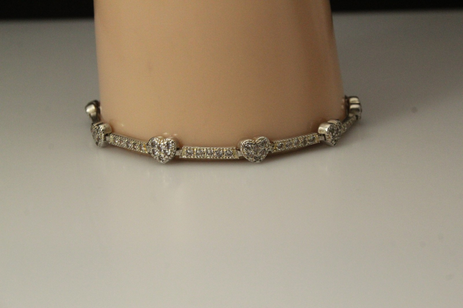 925 Sterling Silver Heart & Bar Cubic Zirconia Links Bracelet 9.4 Grams (BR5449)