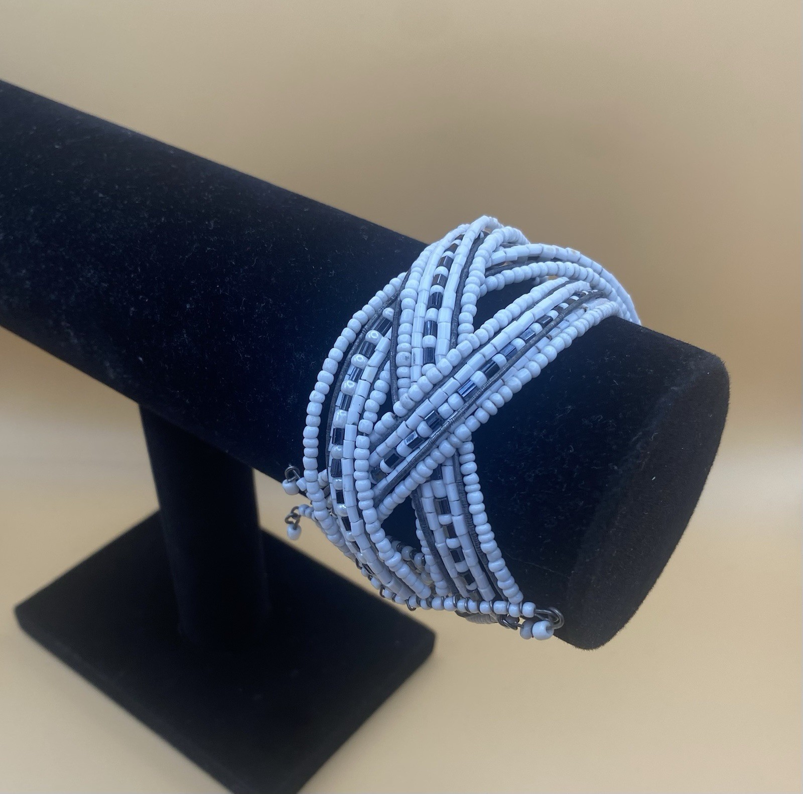 Blue Glass Seed Bead Multi-Strand Cuff Wrap Bracelet Adjustable Hook Closure