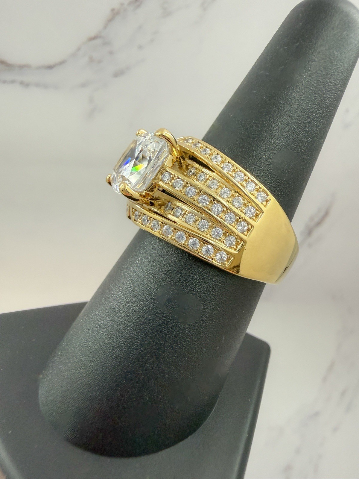 Diamonique 14K Gold Plated 925 Sterling Silver Cushion Multi-Row Band Ring Sz 8