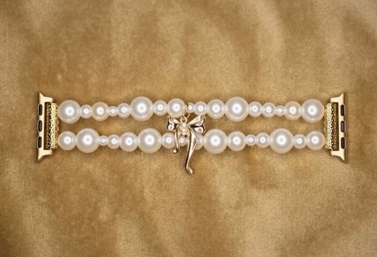 White Round Pearl Beaded Wrap Bracelet w/ Gold Bow Charm 38/40/41mm
