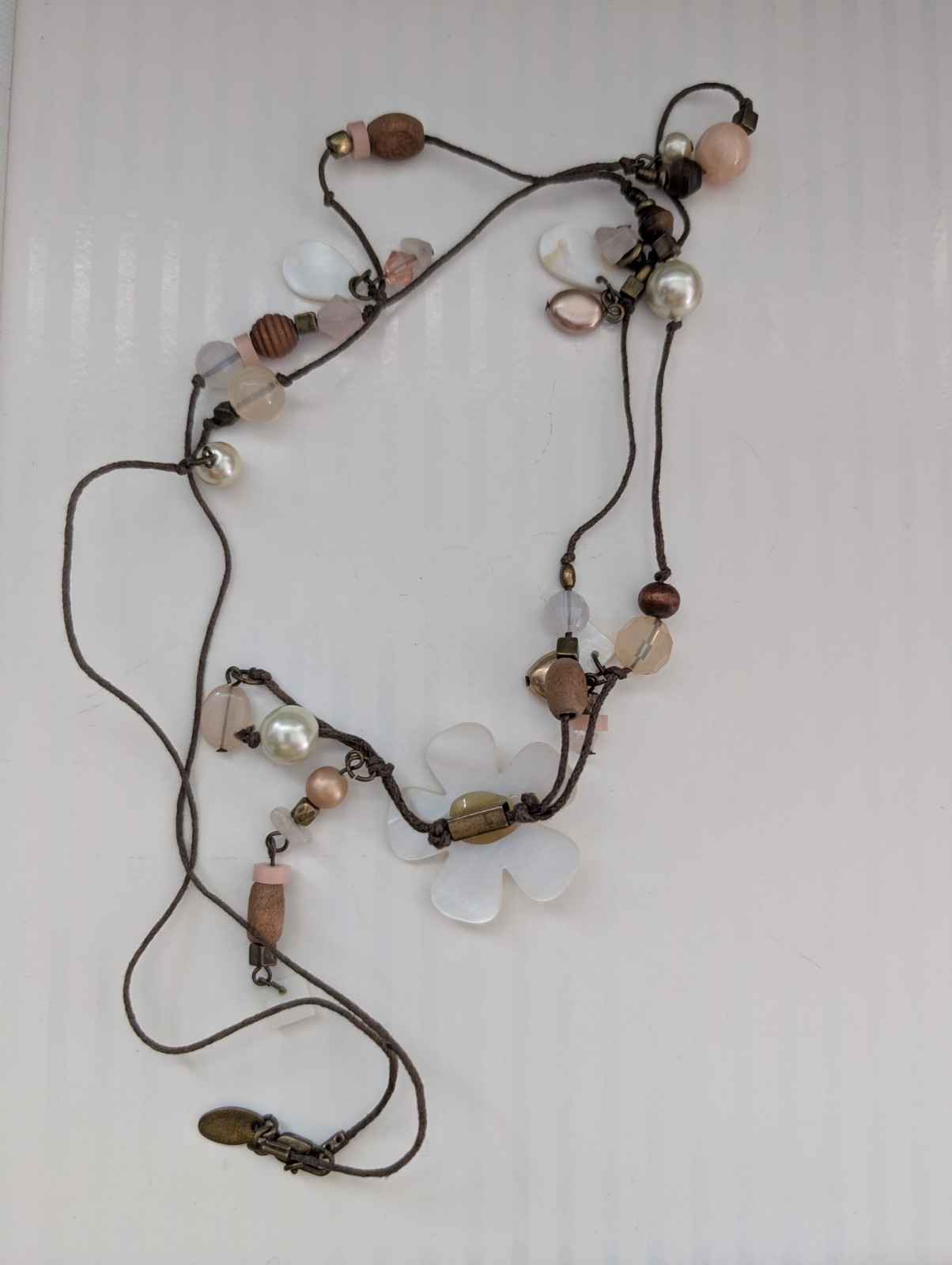 Next Signed Floral Heart Faux Crystal Pearl Wood Beaded Tassel Pendant Necklace