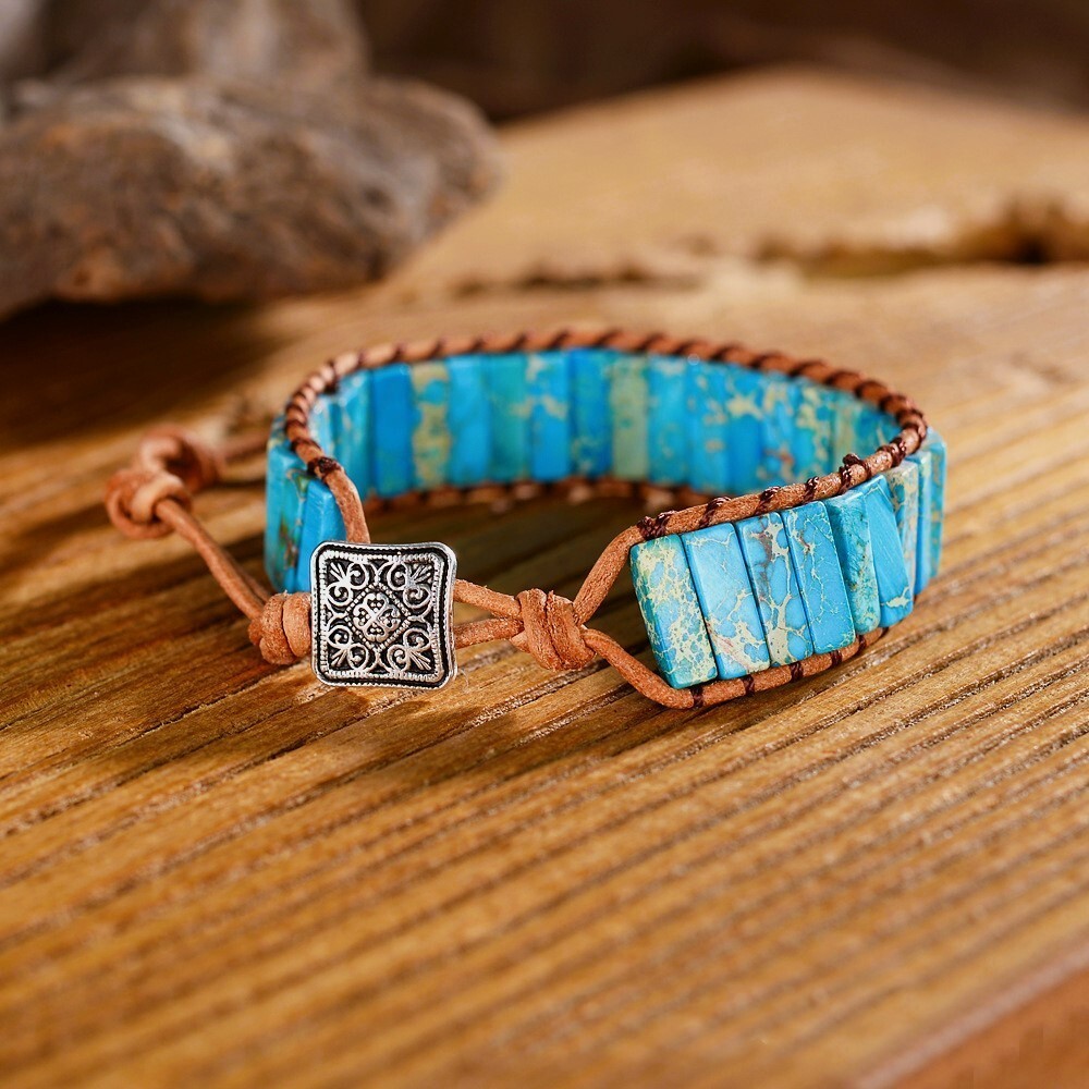 Handmade Natural Turquoise Leather Braided Bracelet for Protection Healing Gift