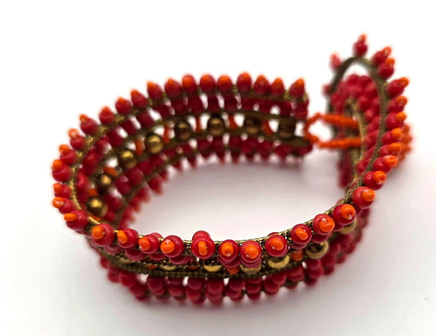 Beaded Wrap Cuff Bracelet Red Orange Gold Seed Bead Boho Statement Wide 7.25″