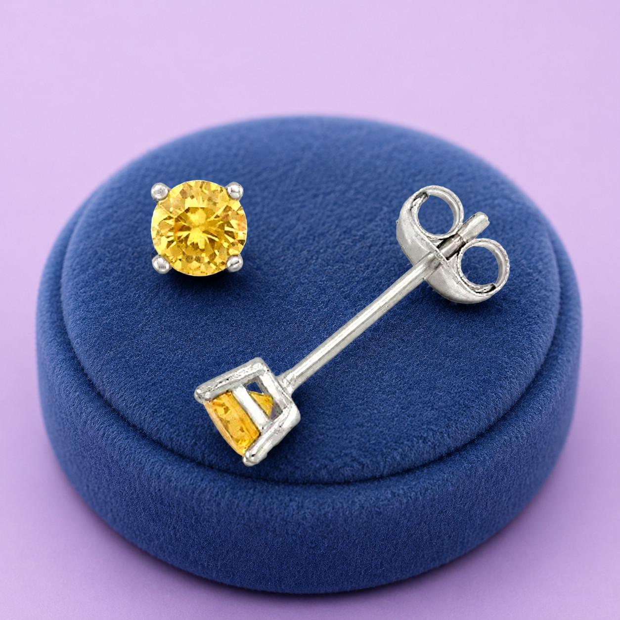 Stunning 5mm Round Yellow Citrine Stud Wedding Earrings – Solid Sterling Silver