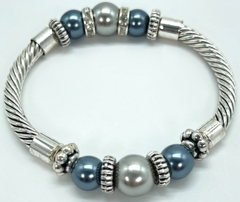 Bracelet Stainles Steel w/Gray Simulated Pearls & Clear Crystal Accents 7 Inches