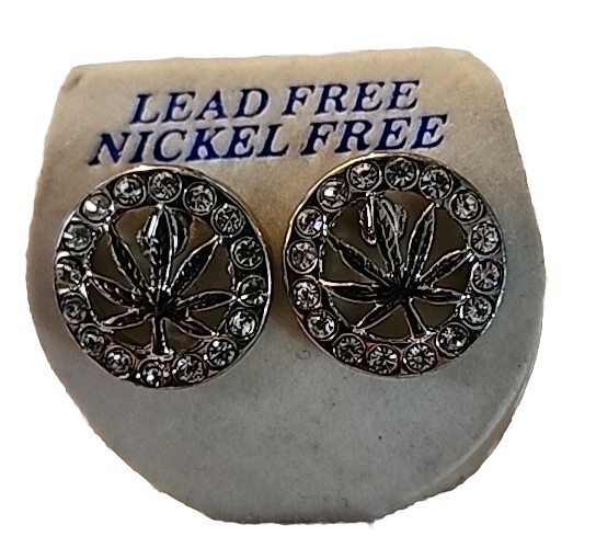 • Weed Pot Marijuana Earrings Leaf Ear Studs Nickel/Lead Free Clear stones