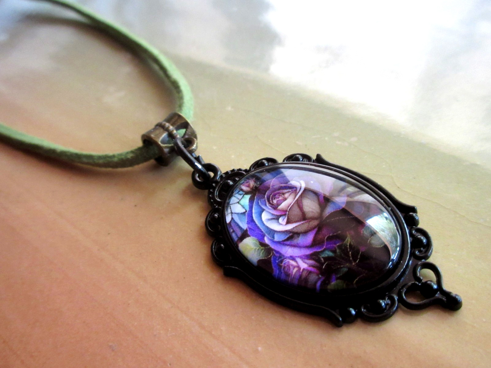 Gothic Rose on Faux Suede Necklace 19 inches