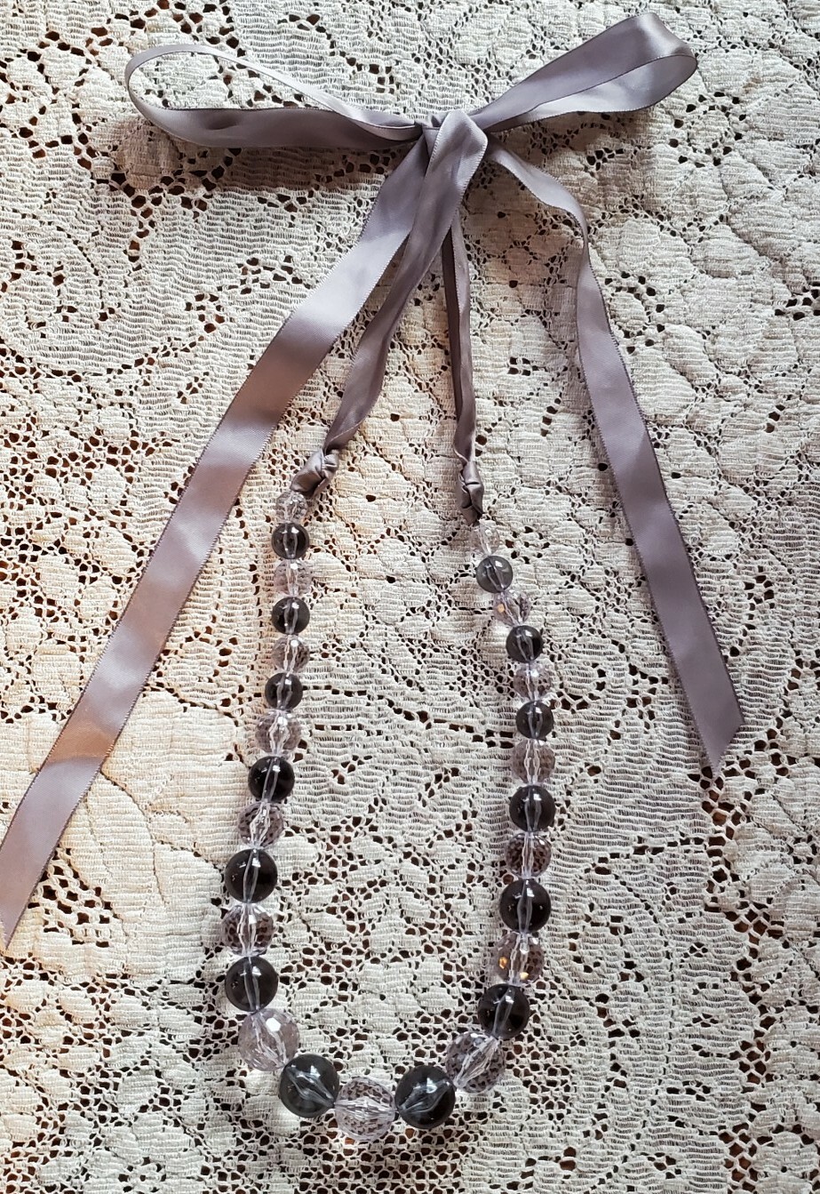 Varied Neutral Bead Necklace with Ribbon Tie, 16″ Length 