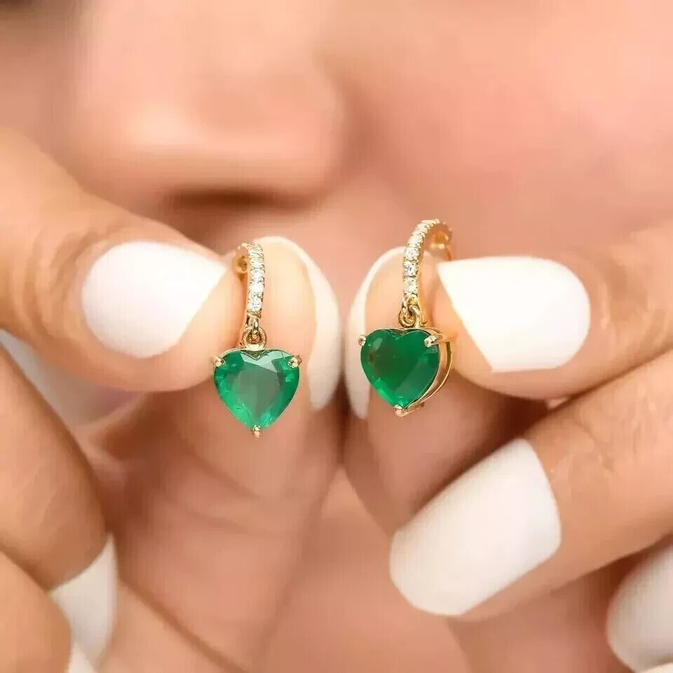 14k Yellow Gold Plated In Heart Cut Simulated Green Emerald Drop/Dangle Earrings