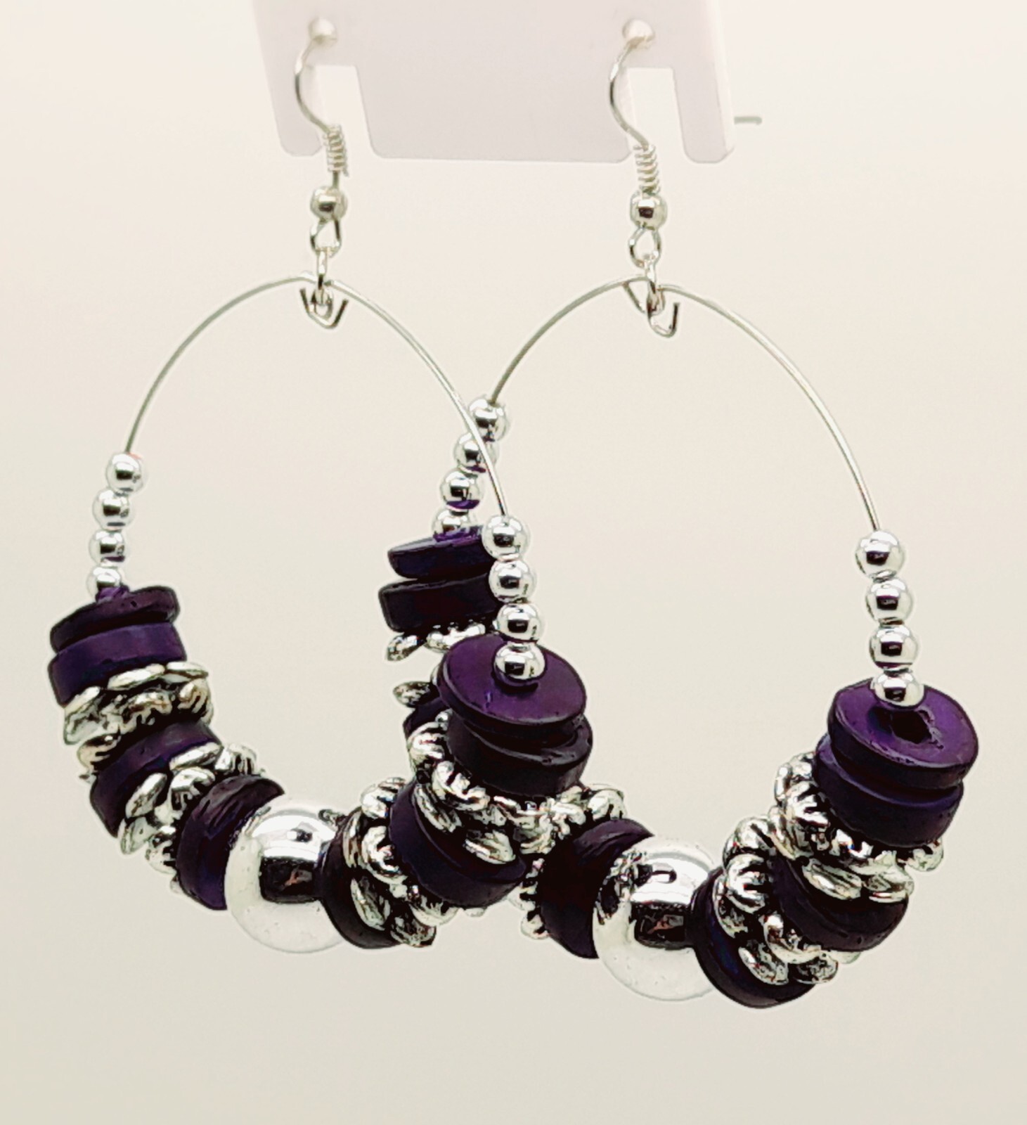 E001 PURPLE COCONUT WOOD ANTIQUE ALLOY SEED BEAD HOOP DANGLING FASHION EARRINGS