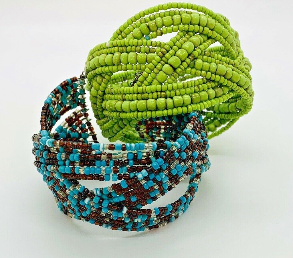 2 MULTI-COLOR SEED BEAD BRAIDED GOLD TONE CUFF BRACELET FITS ALL WRIST
