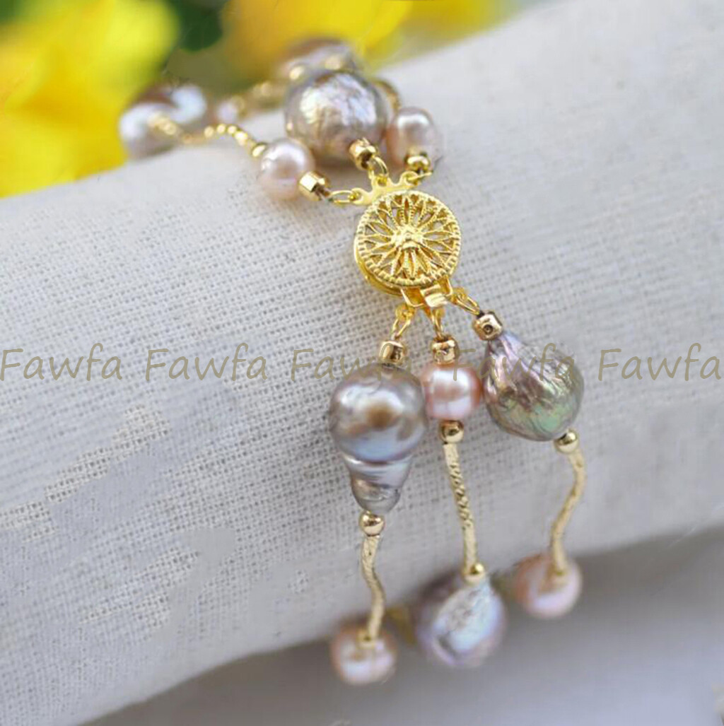 3 Rows Natural 11-13mm Multicolor Baroque Edison Keshi Pearl Beads Bracelet 8”