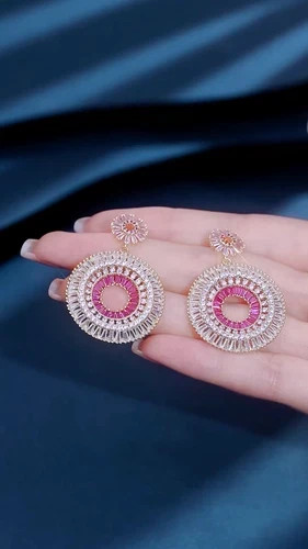Lab-Created Pink Sapphire Wedding Hoop Chandelier Earrings 18k Gold Plated Gift