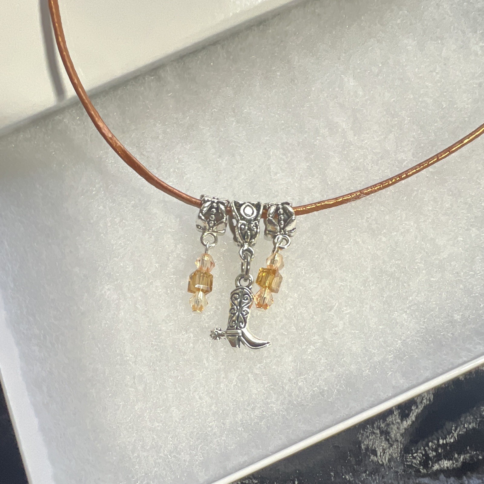 Necklace, cowboy boots, Silver, bronze, leather crystals, lobster, claw clasp