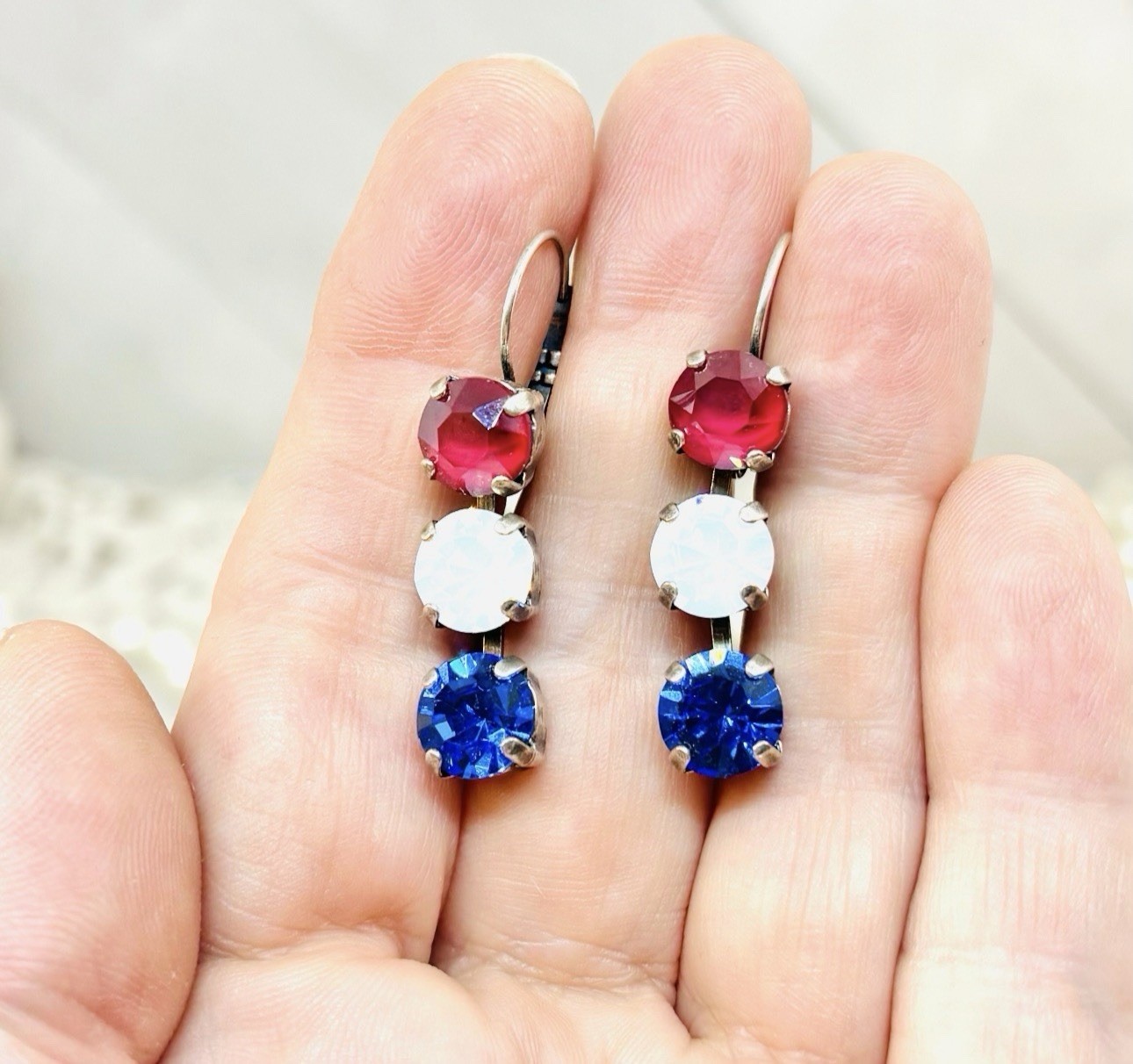 8mm Red White And Blue Patriotic Opalescent Triple Stone Cup Chain Earrings