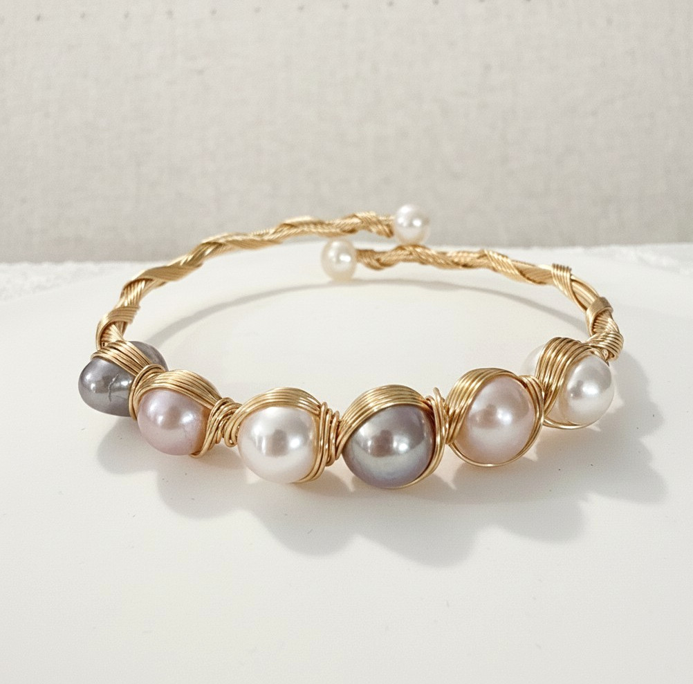 Natural Freshwater Pearl Wire Wrapped Cuff Bracelet Gold Open Bangle Adjustable