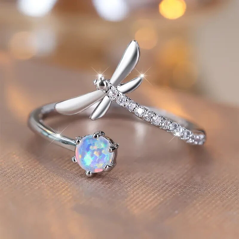 925 Sterling Silver Opal Dragonfly Engagement Wedding Open Ring One Size Fit All