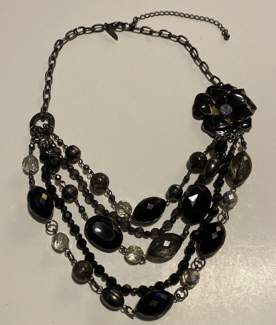 Chunky Boho NY Black Beaded Layered Necklace Rose Flower Silver Tones 17-20″