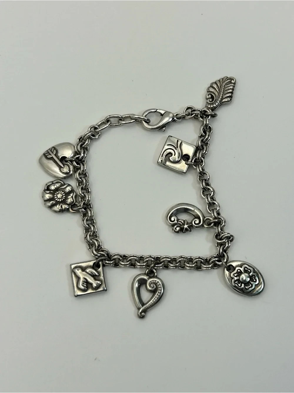 Silver-tone Heart & Charm Bracelet Classic 7.5″ Circle Link Chain Matte Finish