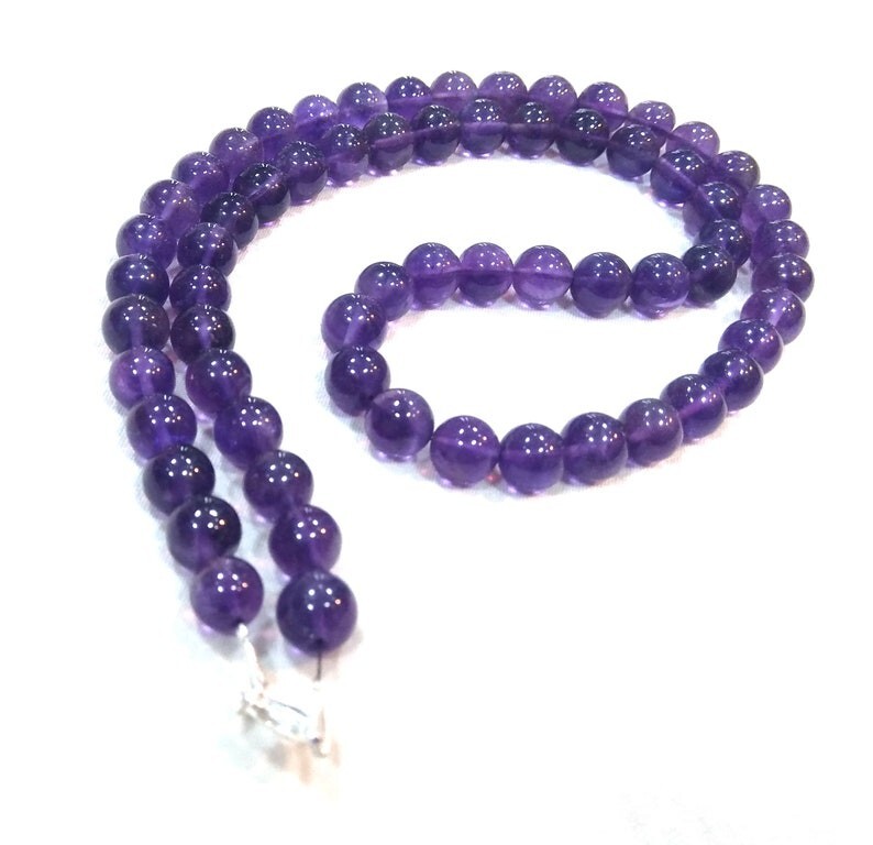 Natural Amethyst Smooth Round Gemstone Beaded February Birthstone Necklaces 24”