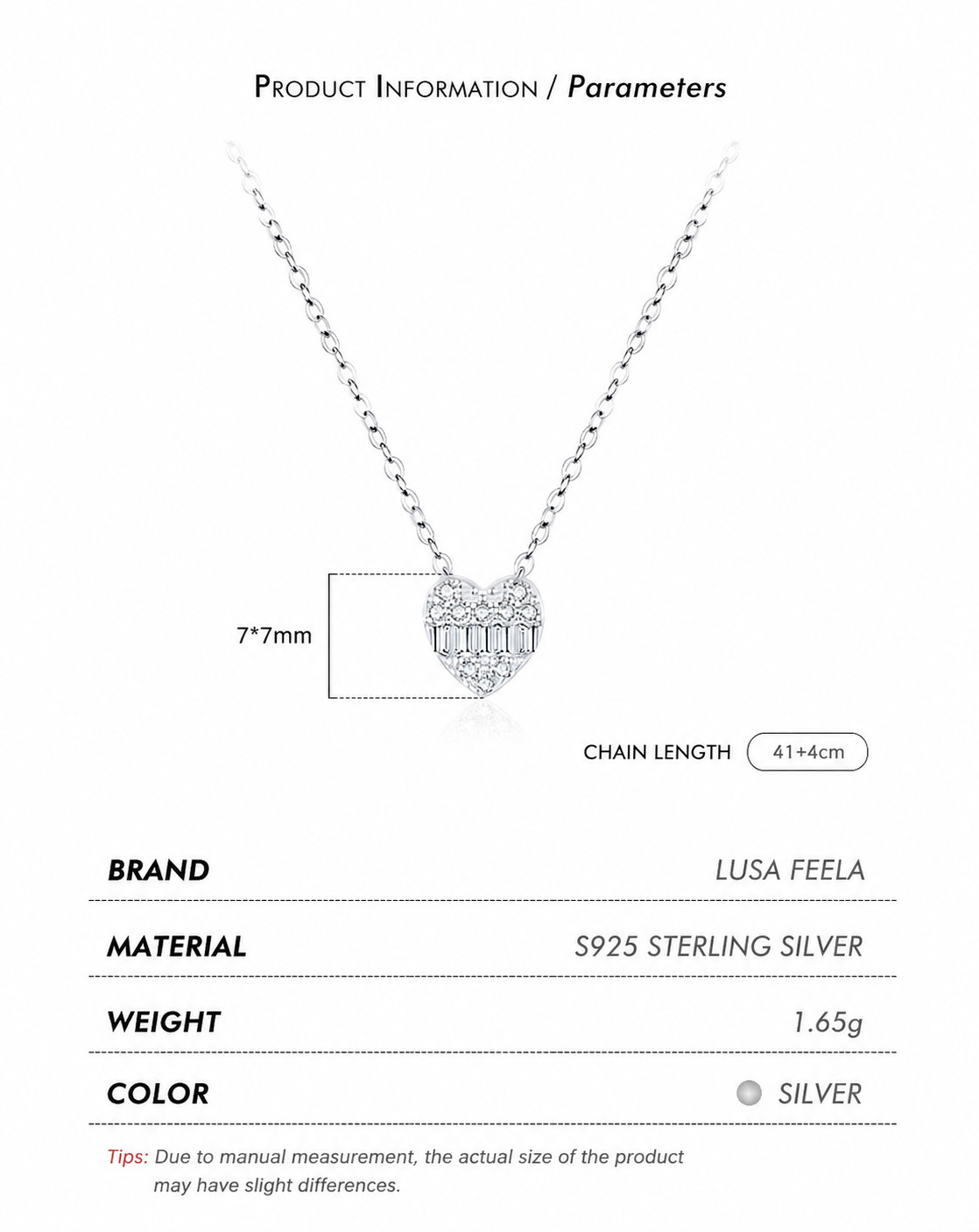 925 Sterling Silver Baguette CZ Heart Pendant Necklace for Women