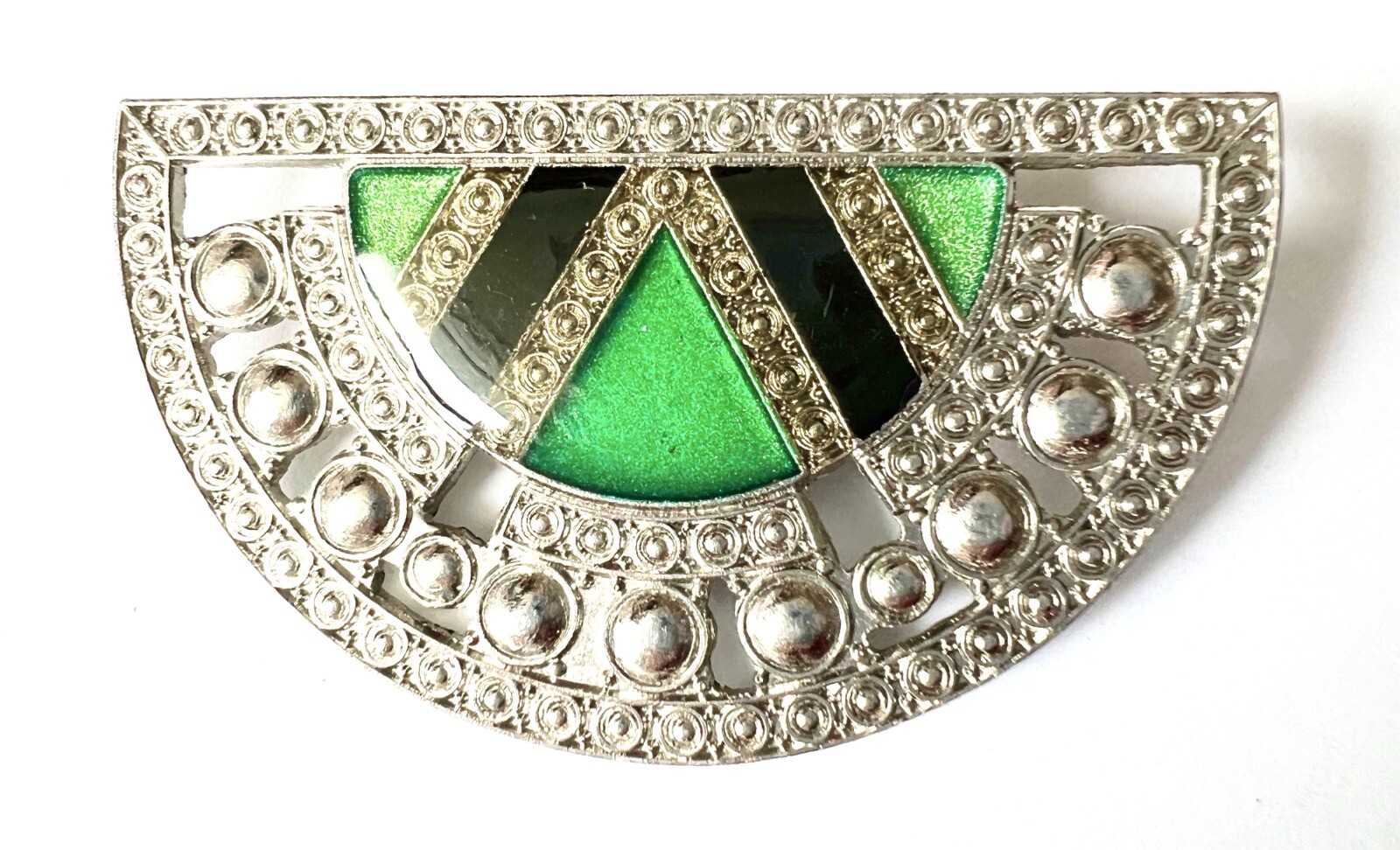 Fan Shaped, Silver-Tone, Gold/Green/Black Enamel, Retro Art Deco, Pin/Brooch