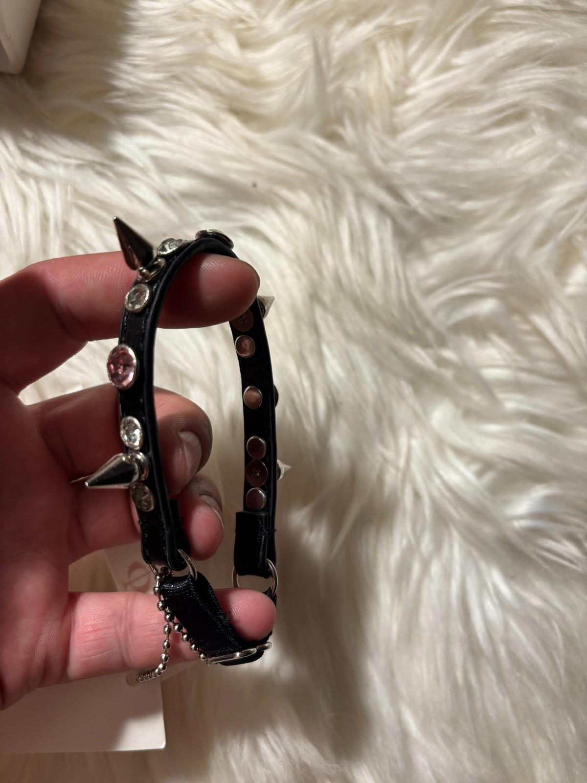No Dress Diamante Rhinestone Spiked Collar Black Leather Dog Cat Chocker size F