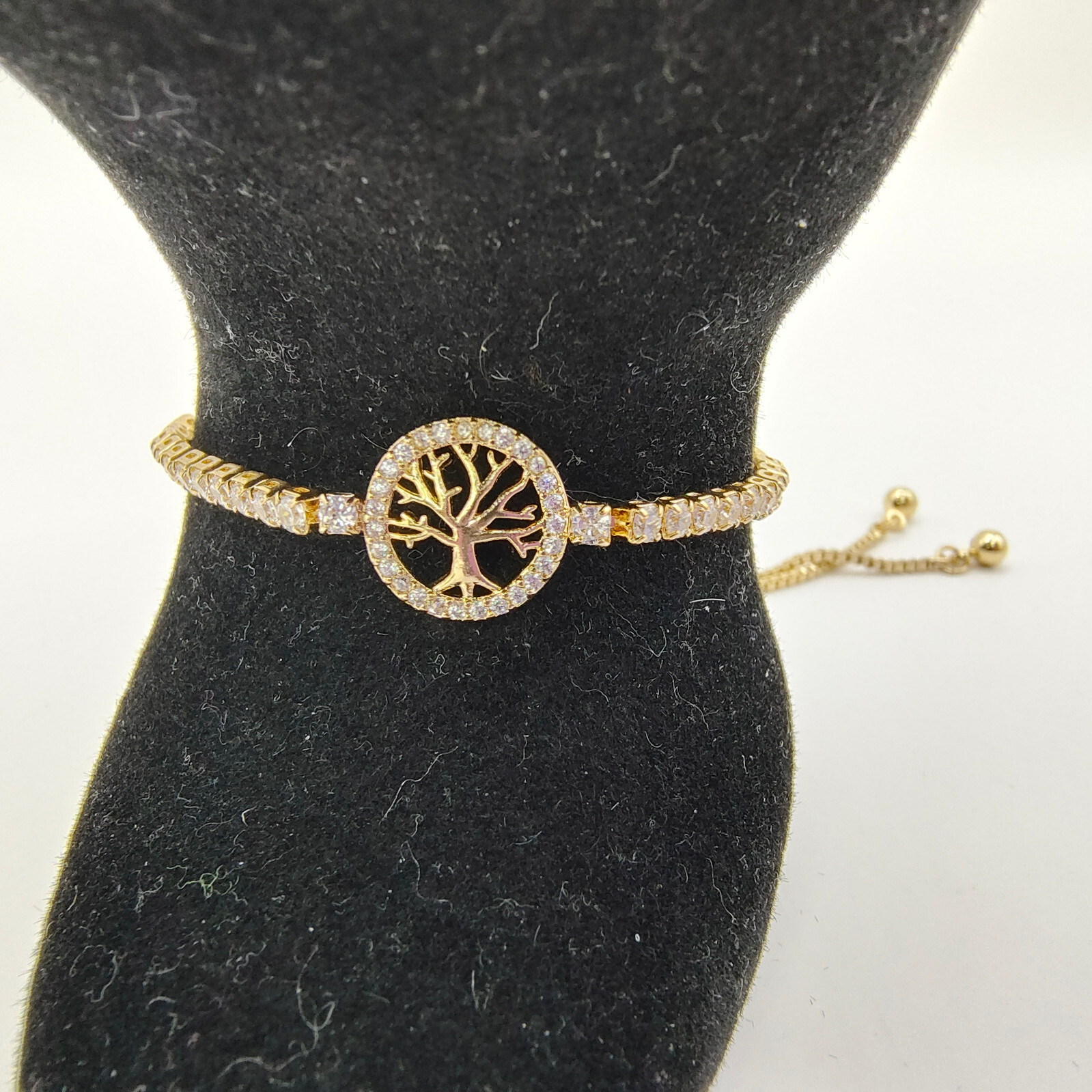 Tree of Life Adjustable Bolo Bracelet White Rhinestone Gold Tone Slider Chain