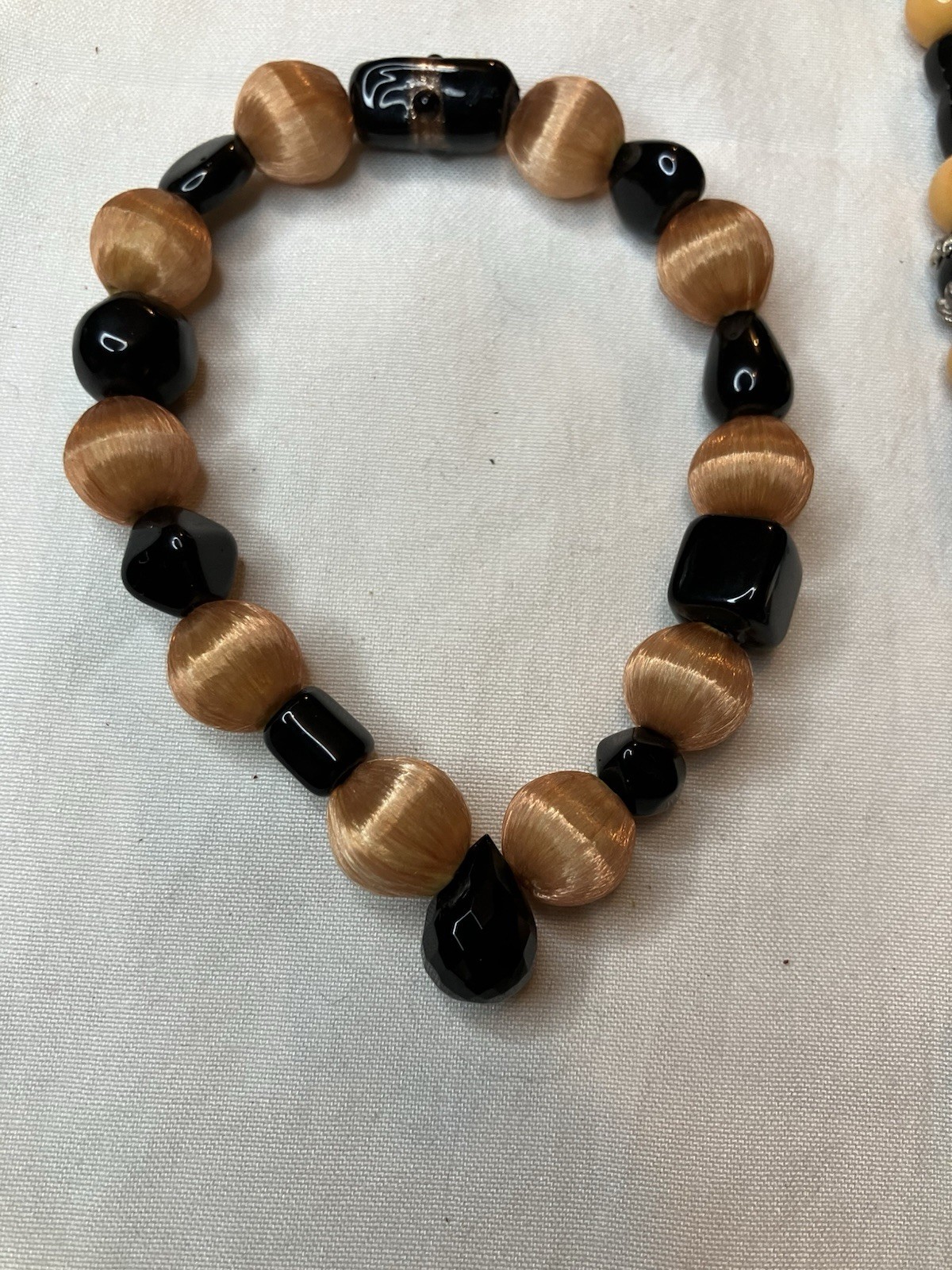 Bee Pendant Beaded Necklace & Stretch Bracelet Jewelry Set Black Yellow Silver