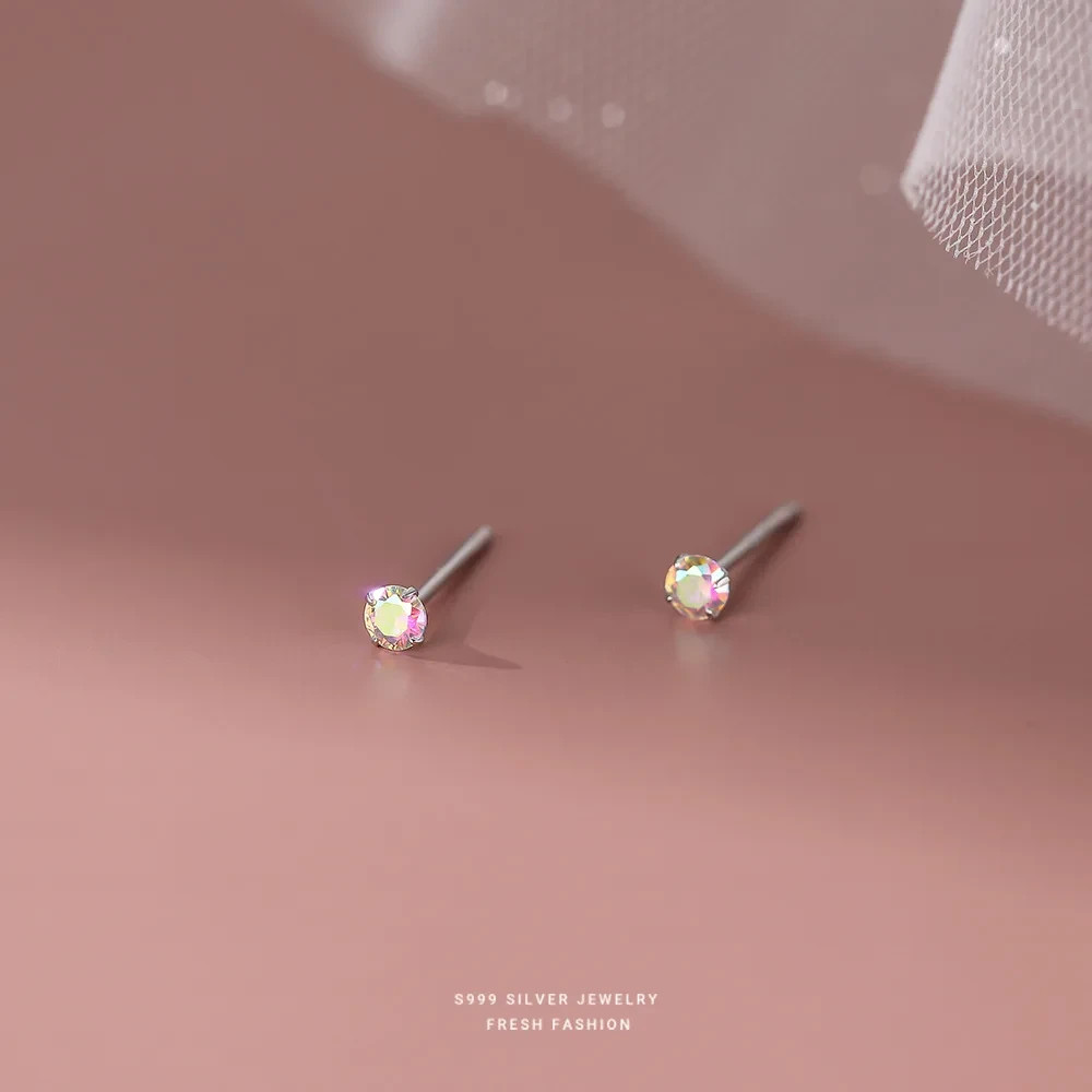 S925 Sterling Silver AB Crystal Round Stud Earrings Tiny Women Girls Jewellery